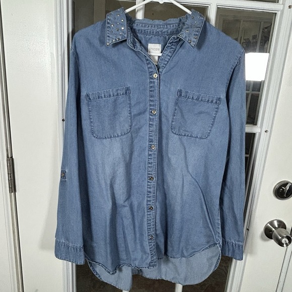Chico's Tops - Chicos Gold Studded Collar Chambray Denim Button Down Shirt Tencel Size 2 (L)